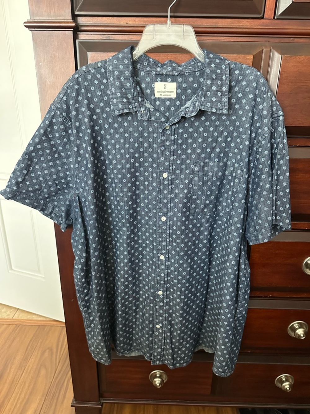 Mutual Weave 2XL Blue Denim White Print 98% Cotton Short Sleeve ButtonDown Dhirt